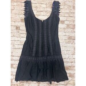 TRACEY FEITH Dress L black Cap Sleeve Lace Goth Witchy Linen Raw Hem
